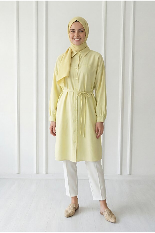 Miresia Lace-Up Long Modal Shirt-Pe261 Yellow