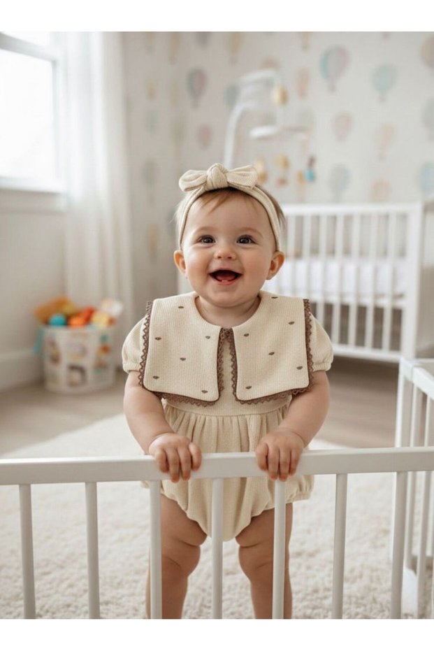 Baby Girl Maita Heart Embroidered Waffle Fabric Bandana Romper Ecru