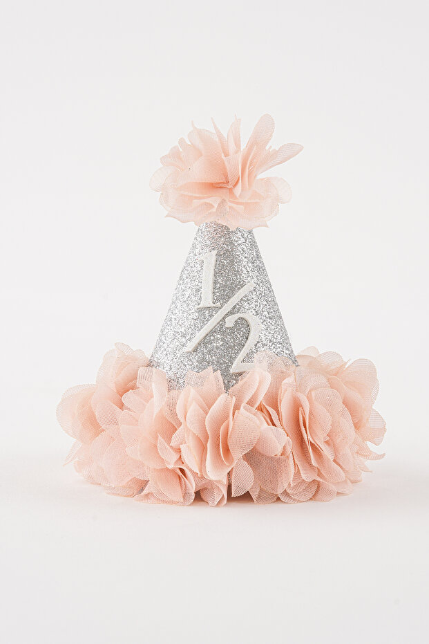 6 Month Birthday Glitter Party Hat Crown with Elastic Band (Silver-Salmon)