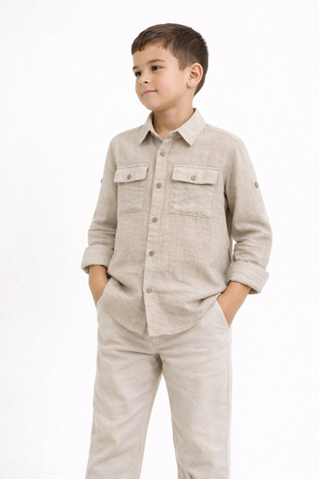 5-16 Years Old Boy's Beige Linen Viscose Shirt-13/14 Y