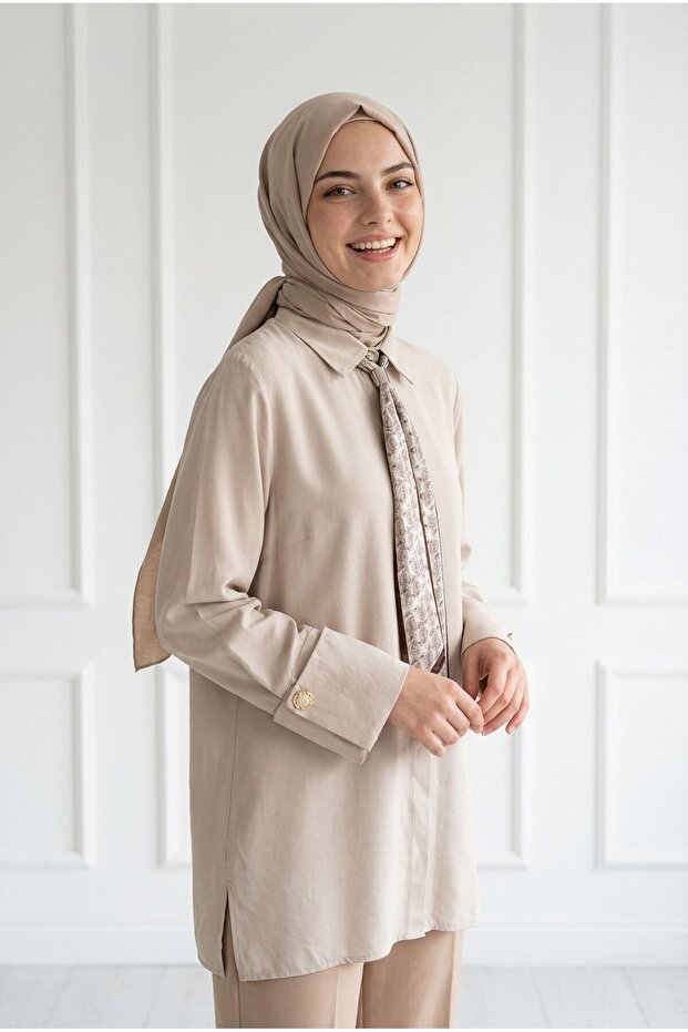 Adıgül Hidden Patchwork Scarf Sleeve Cuff Tunic-Şa1192 Stone