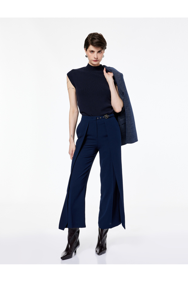 Belt Detailed Ankle Length Wide Leg Crepe Palazzo Pants