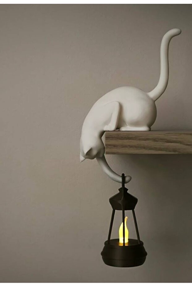 Modern & Stylish: Minimalist Cat Design Decorative Shelf Lamp – Night Light -White