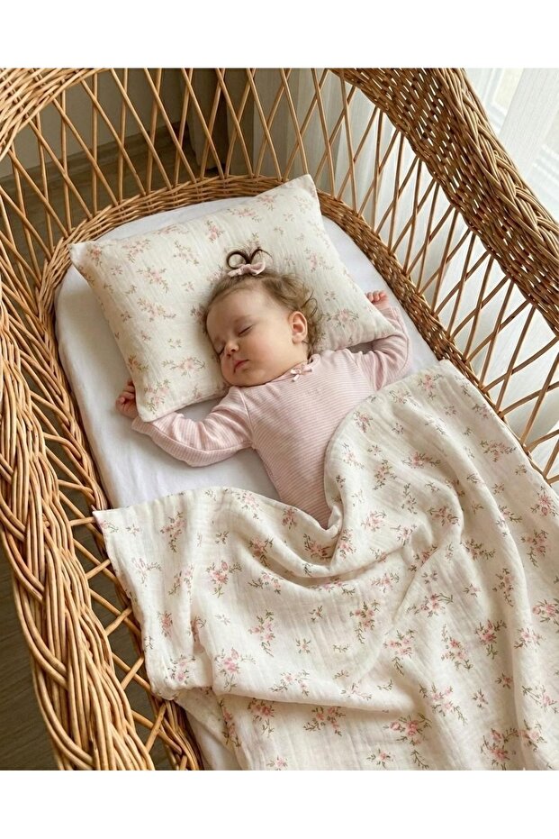 Sevza Kids %100 Pamuk 2'li Müslin Örtü - Yastık Kılıfı - Bebek Nevresim Seti -Çıtır - 90x100 35x45