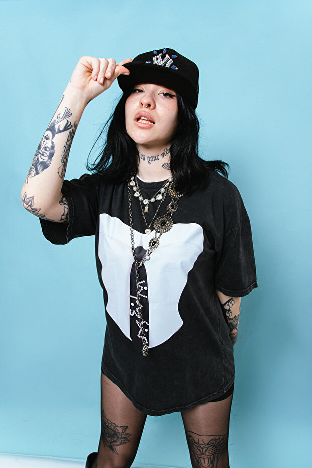 Suit Printed Relaxed Fit Women's Washed Black T-shirt