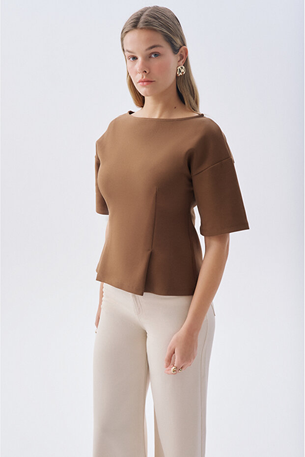 Women's Brown Short Sleeve Blouse with Stitching Detail