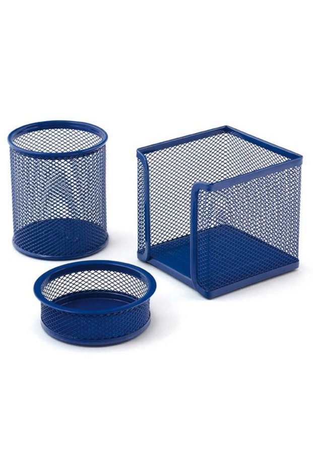Desk Set Paper Clip Holder-Paper Holder-Pen Holder 3-Piece Metal Perforated Blue 505
