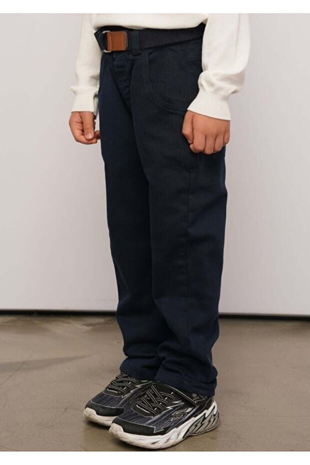 8-14 Years Old Boys' Stylish Navy Blue Gabardine Pants with Belt - 9/10 Y