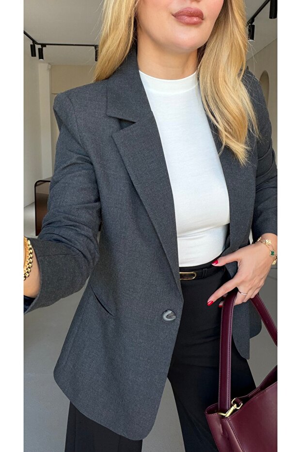 Single Button Anthracite Blazer Jacket - 2