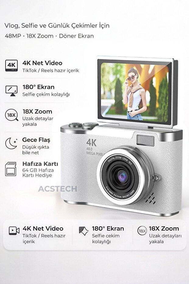 ACSTECH 4K Dijital Fotoğraf Makinesi 48MP Flip Ekran 18X Zoom Flaşlı 64GB Hediyeli Türkçe Menü