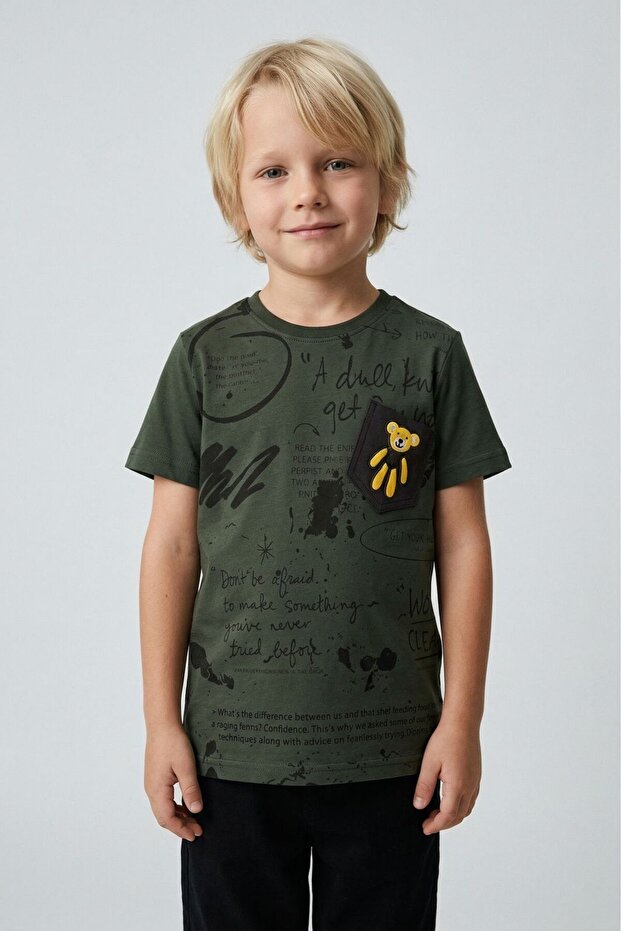 Boy's Printed Comfort Fit Khaki T-Shirt for Ages 2-7