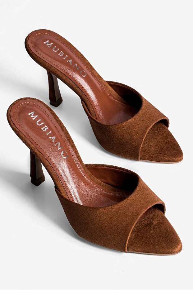 Women's Suede Stiletto Pointed Toe Open Heeled Slippers Cedra Tan