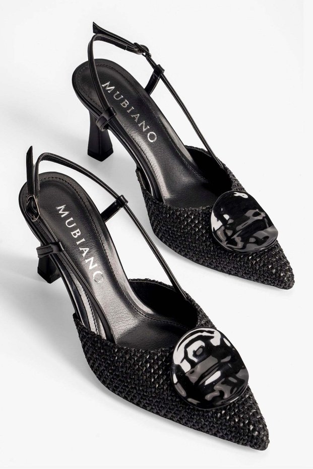 Women's Stiletto Buckle Detailed Pointed Toe Open Back Heeled Shoes Olea Black