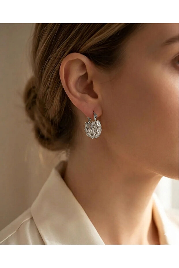 Special Series Baguette Zircon Stone Steel Hoop Earrings