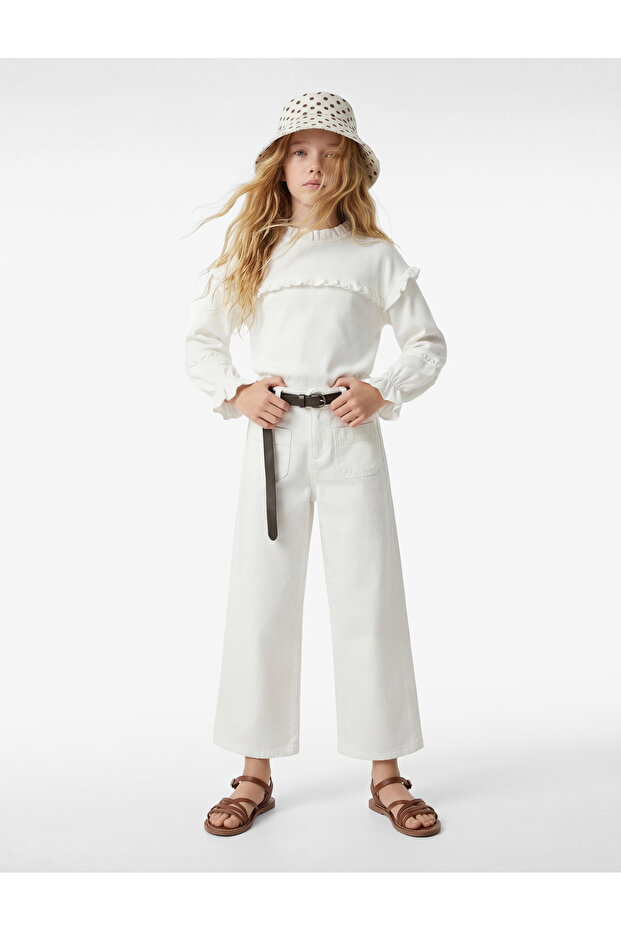 Cotton Pocketed Loose Fit Wide Leg Denim Trousers