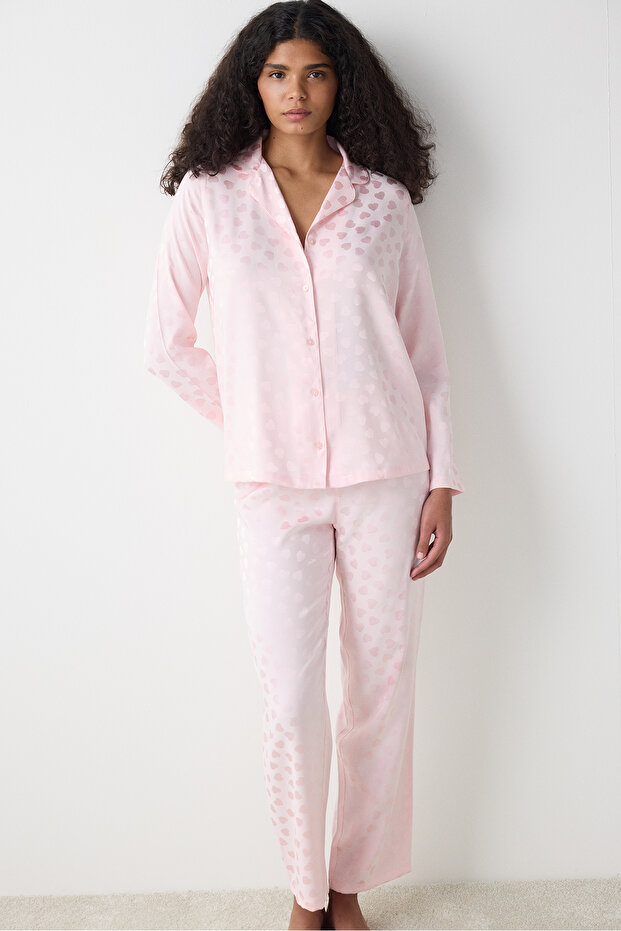 Pink Heart Satin Shirt Pants Pajama Set - Penti Loves Paris Collection