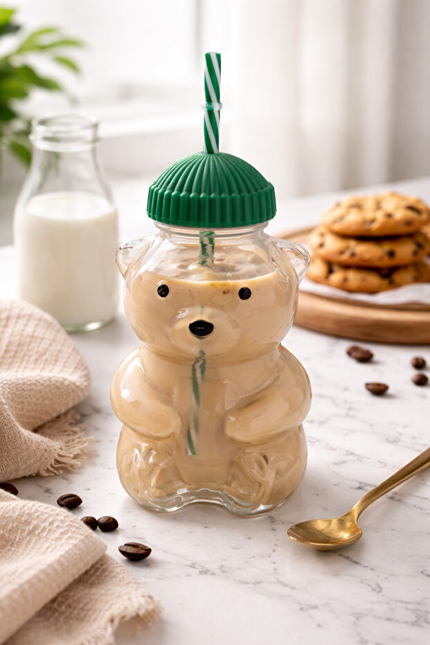 Cute Large Size Teddy Bear Glass Cup with Straw and Lid – Glass Coffee Cup, Beverage Cup