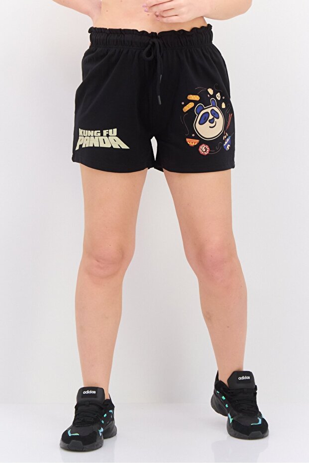 Women Panda Print Drawstrings Basic Shorts, Black
