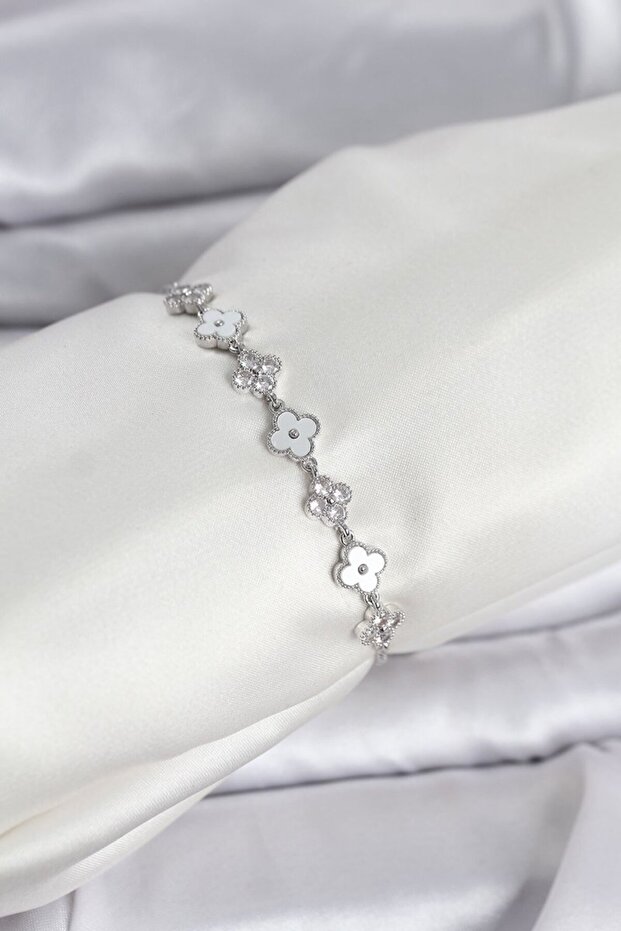 Silver Color Zircon Stone Row Clover Model Women's Bracelet with Elevator Chain - Lisinya