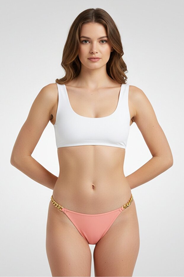 Women Chain Detailed Pull On Bikini Bottom, Pink