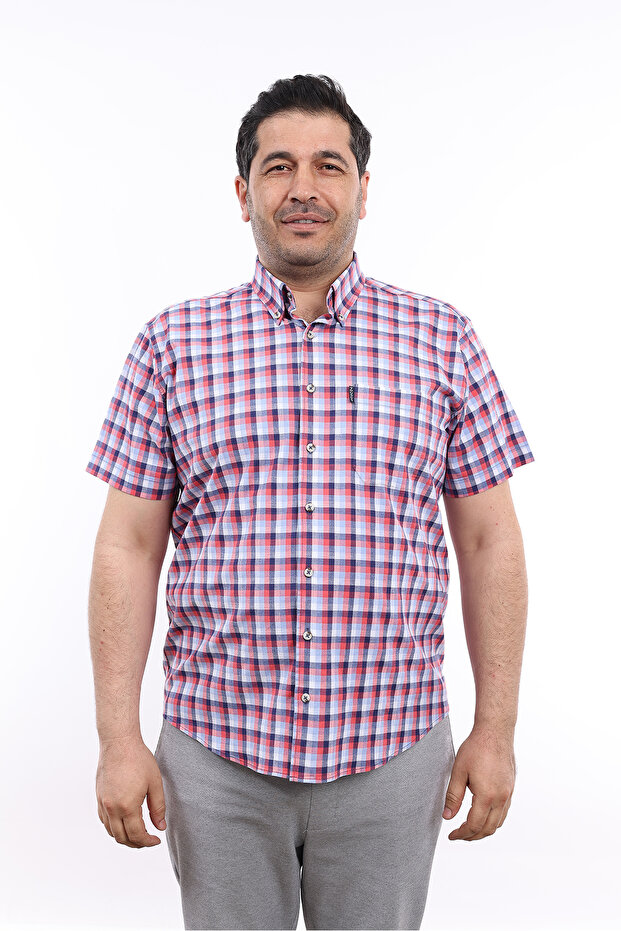 Men's Large Size Navy Blue-Brick Plaid Lycra Buttoned Collar Short Sleeve Shirt KK-8026-TSS