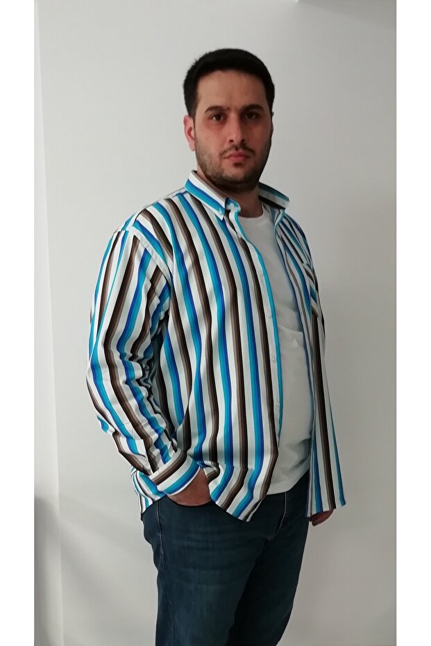 Big Size Turquoise Thick Striped Lycra Men's Shirt Btl-6001-Tss