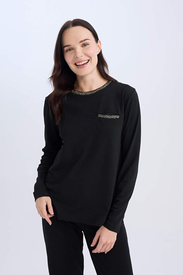 Regular Fit Crew Neck Rhinestone Long Sleeve T-Shirt D8081Ax25Sp