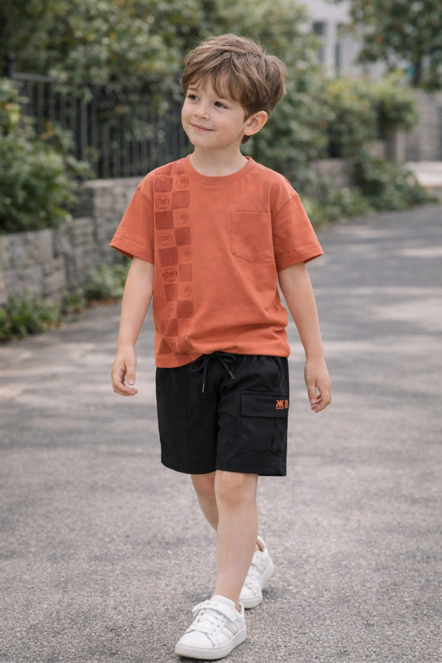 Boys' Double Short Sleeve Shorts Set Taupe Color Top Single Jersey Bottom Two Yarn Fabric Cyclone Collar