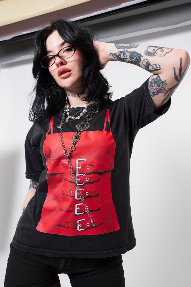 Denim Red Corset Printed Relaxed Fit Washed Black Women's Tshirt