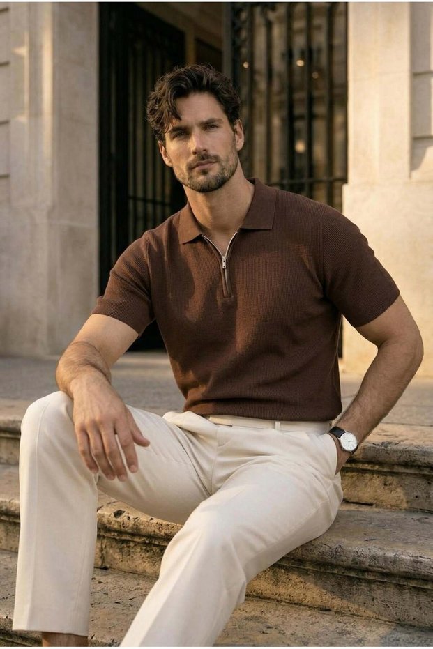 Jeff Selanik Knitted Polo Collar Half Zipper Thin Knitwear Men's T-Shirt - Brown