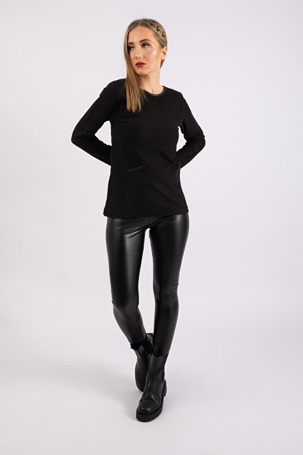Women's Faux Leather Ribbed Knitwear Tunic with Pockets Black