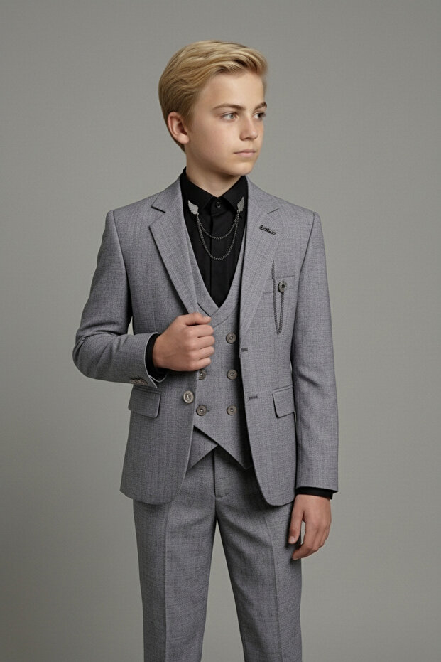 Slim Fit Boy's Chain Detail Suit / No Shirt