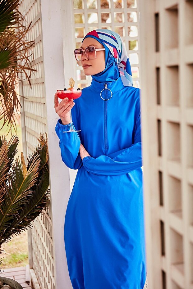 Cobalt Blue Colorful Full Covered Parachute Fabric Hijab Swimsuit - M2404