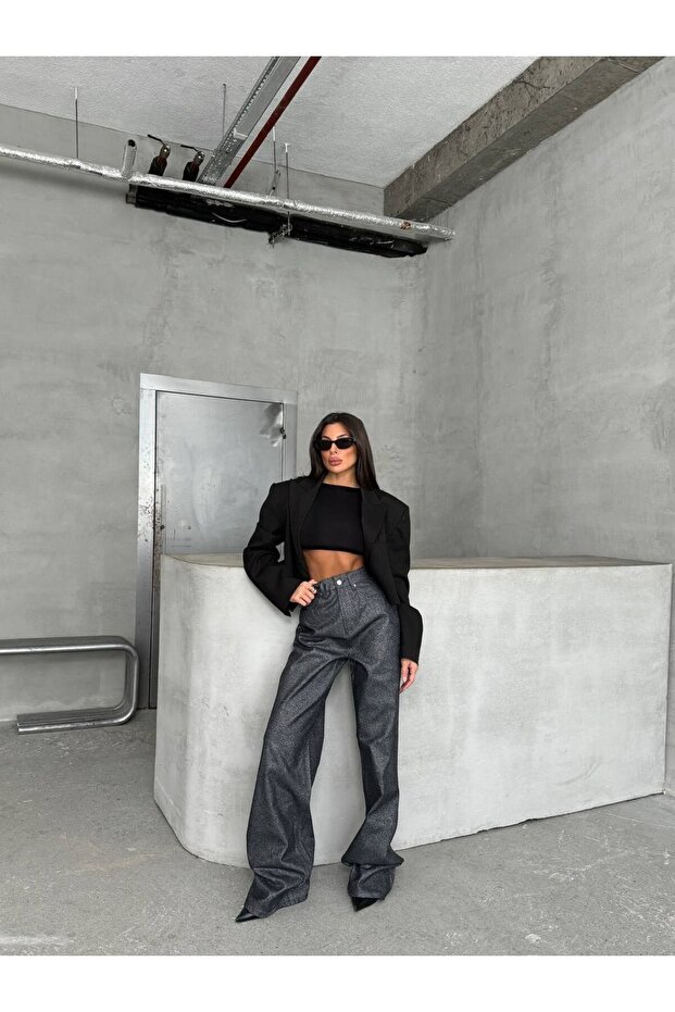 Women's Shimmering Wide Leg Pants - High Waist Glitter Jeans