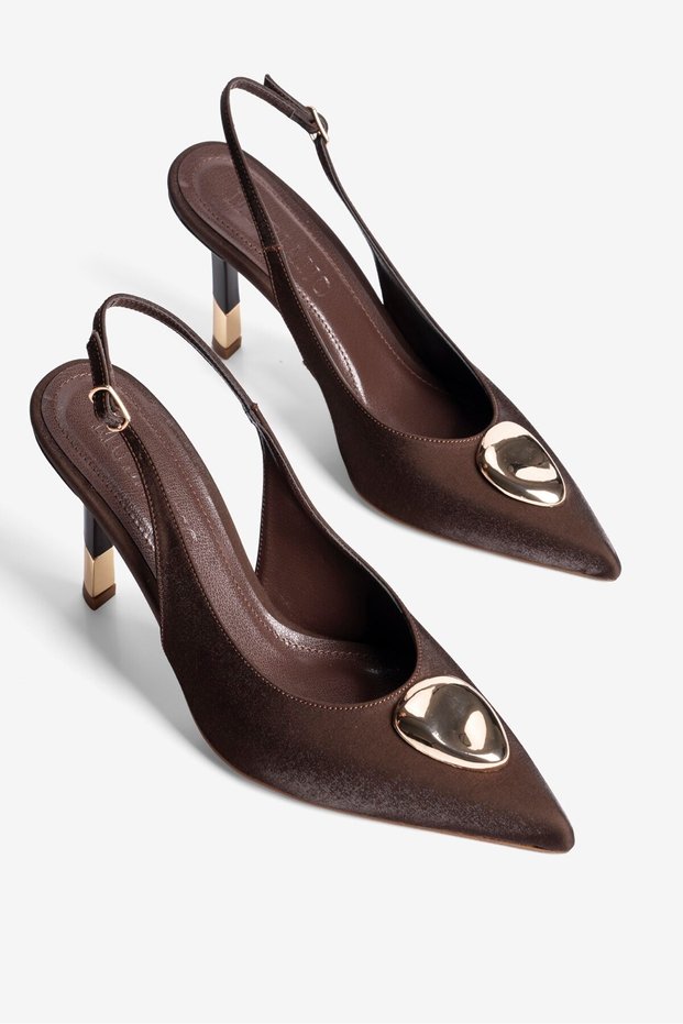 Women's Satin Stiletto Pointed Toe Gold Detailed Open Back Heeled Shoes Veluna Brown