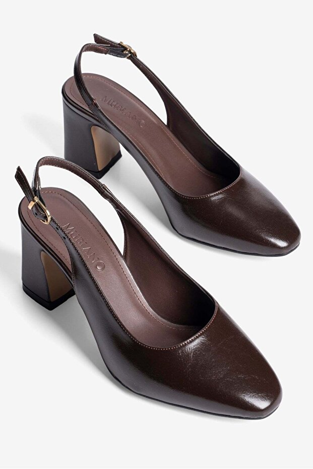 Women's High Heel Shoes Round Toe Open Back Buckle Cavelle Brown