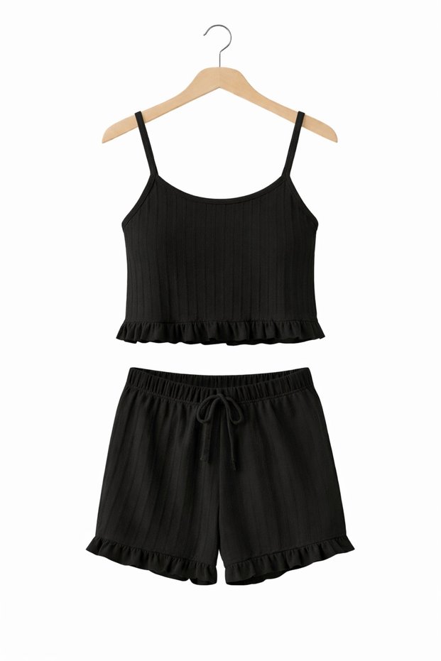 Women's Ribbed Ruffle Detailed Suspender Shorts Home Wear Set