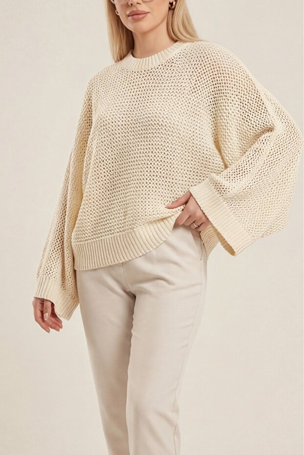 Bat Sleeve Openwork Knitwear Sweater -Cream
