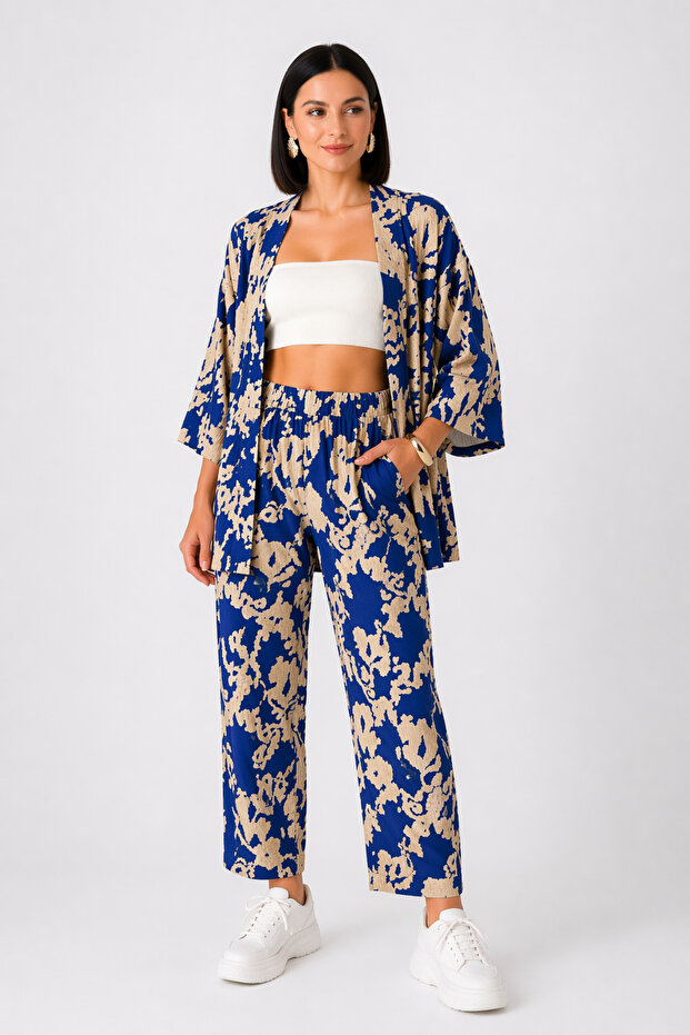 Women's Blue Patterned Kimono bottom top suit