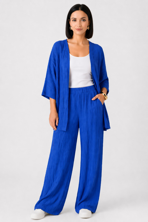 Women's Blue Wide Leg Palazzo Kimono Top and Bottom Set