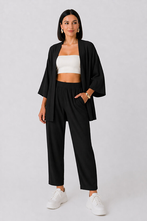 Women's Black Pocketed Pipe Leg Kimono Bottom and Top Set