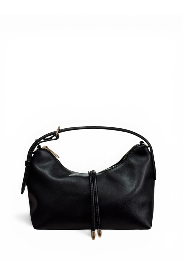 Women's Black Zippered Belt Detailed Gold Tasseled Cross Strap Hand and Shoulder Bag Caliente