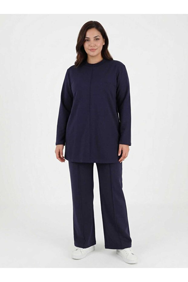Ribbed Stitch Detail on the Front Tunic & Pants Sports Plus Size Set - Navy Blue -