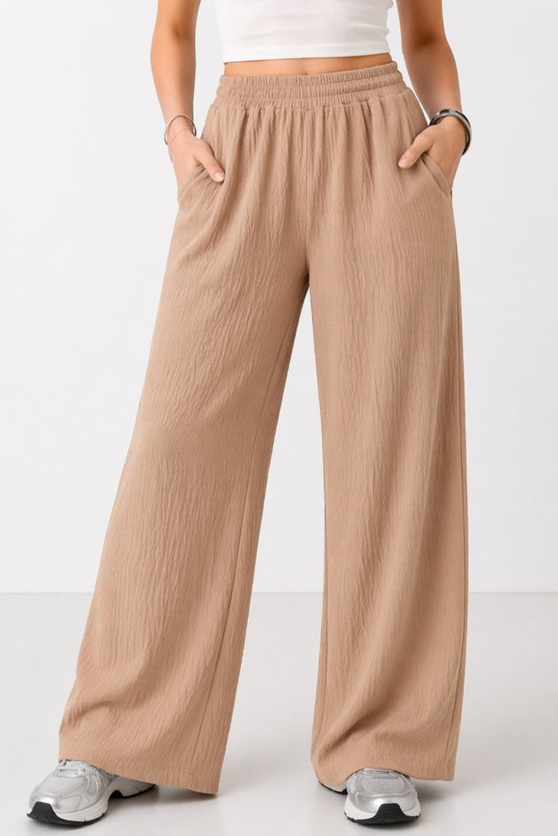 Women's Mink Wide Leg Seasonal Trousers with Elastic Waist Pockets