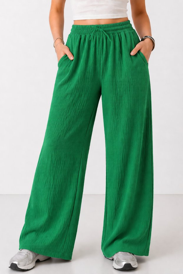 Women's Green Elastic Waist Pocket Wide Leg Seasonal Trousers