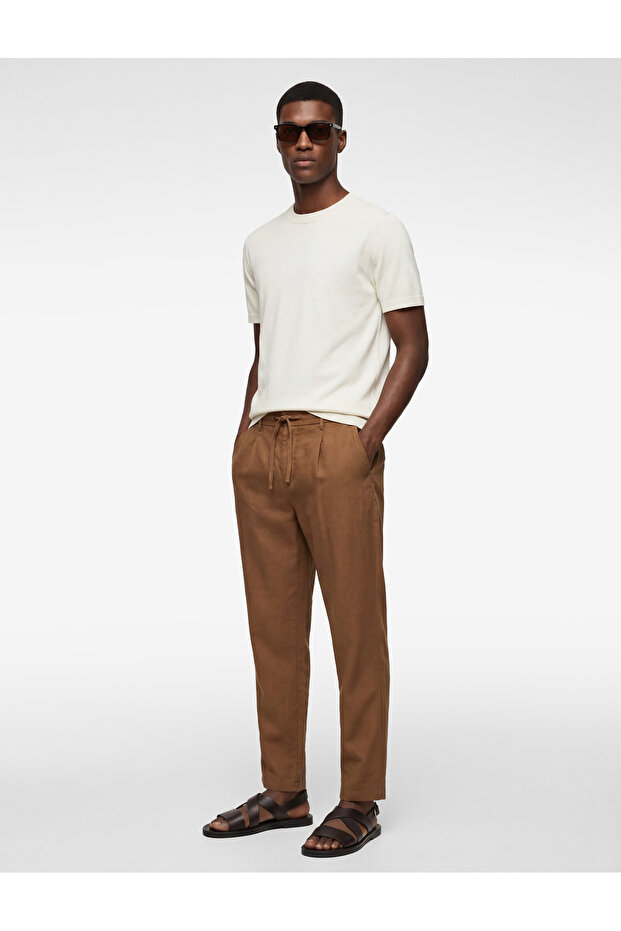 Regular Fit Elastic Waist Buttoned Straight Leg Linen Blend Chino Summer Trousers