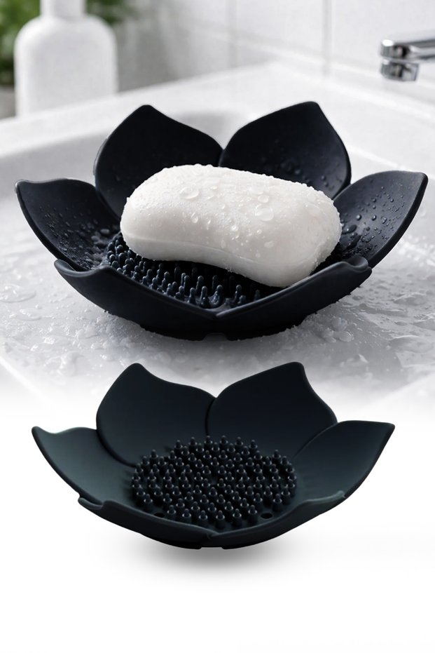 Black Lotus Patterned Bathroom Soap Dish Sponge Holder with Silicone Water Drain
