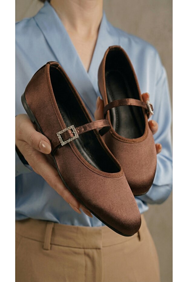Women's Brown Satin Stylish Buckle Ballerinas 1cm Byndstnb01