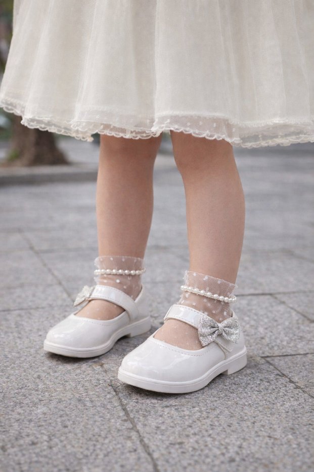 (Dar Kalıp) Evening Dress Wedding Dress Flat Sole Shiny White Girls' Banded Ballerinas April 23Rd Ballerinas