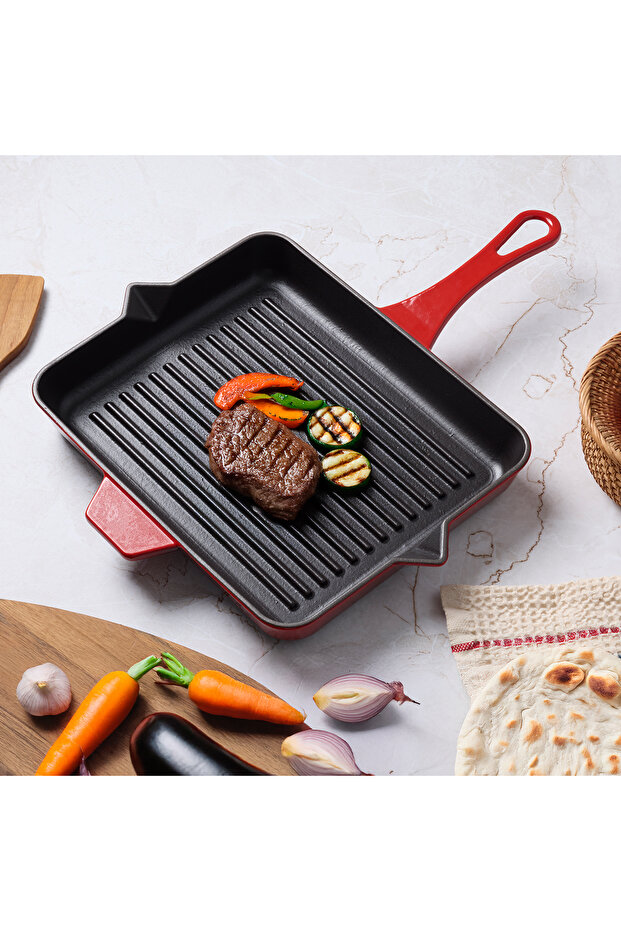 مقلاة شواء مزدوجة مصبوبة باللون الأحمر 26×32 سم